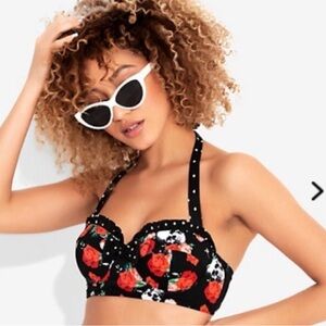 Hot Topic Midnight Hour Skull & Polka Dot & Roses Bikini Top ONLY